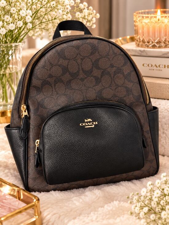 Coach Handbags - Coach Brown Black Signature Backpack Black Leather Trim Gold Hardware
